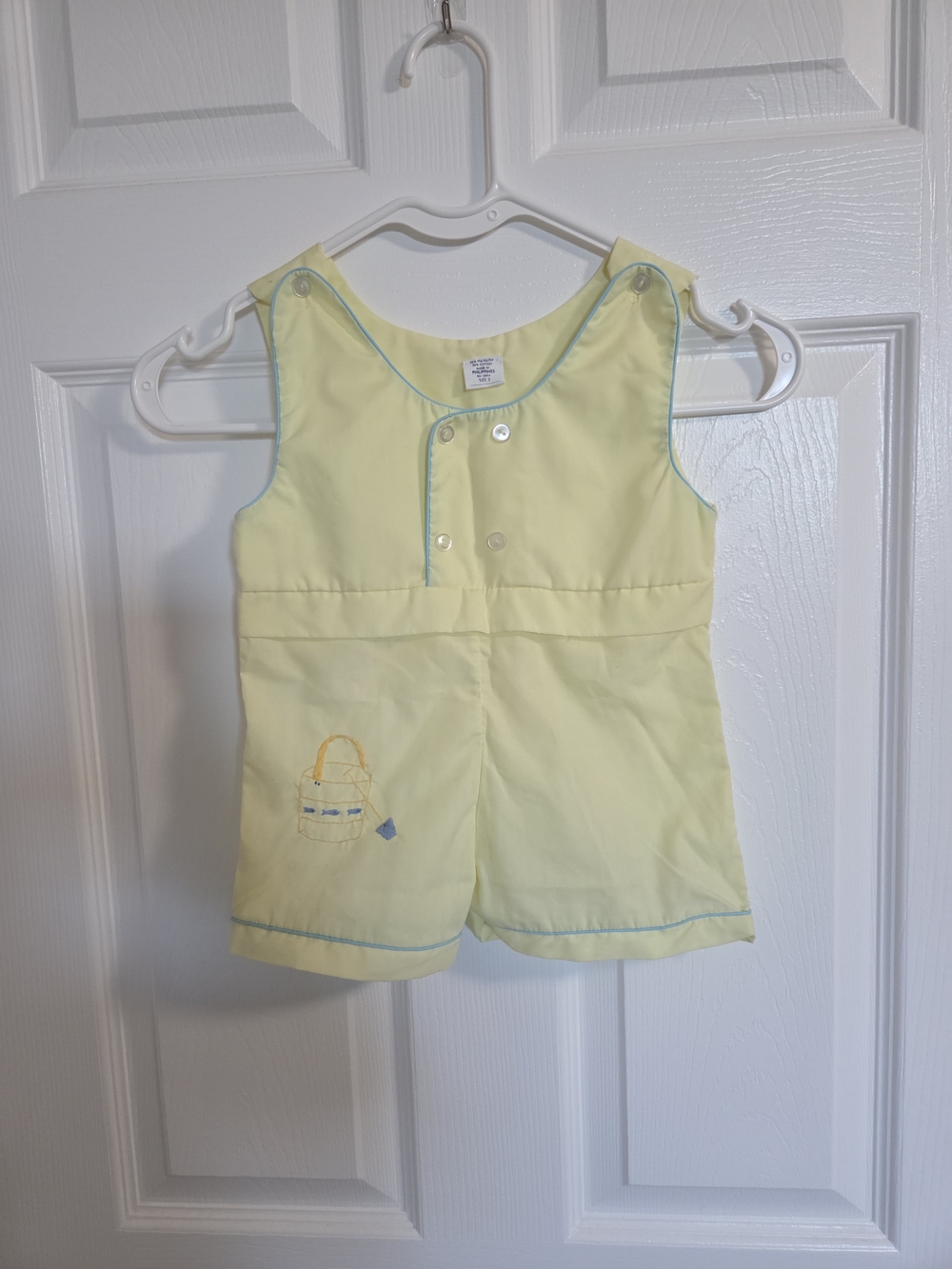 Vintage Yellow Sleeveless Baby Romper with Blue Trim